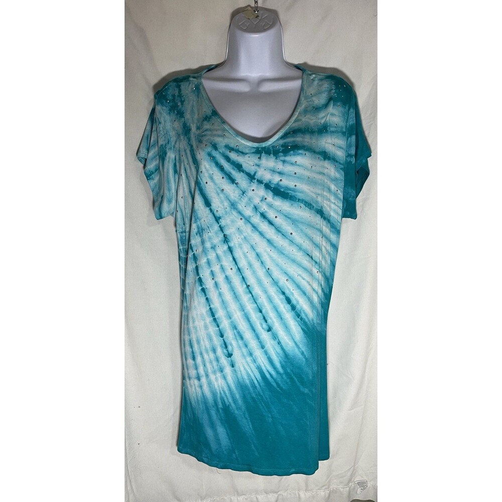 Soft Surroundings Tie Dye V-Neck Rhinestone Knit Top PXL Petite Blue/White